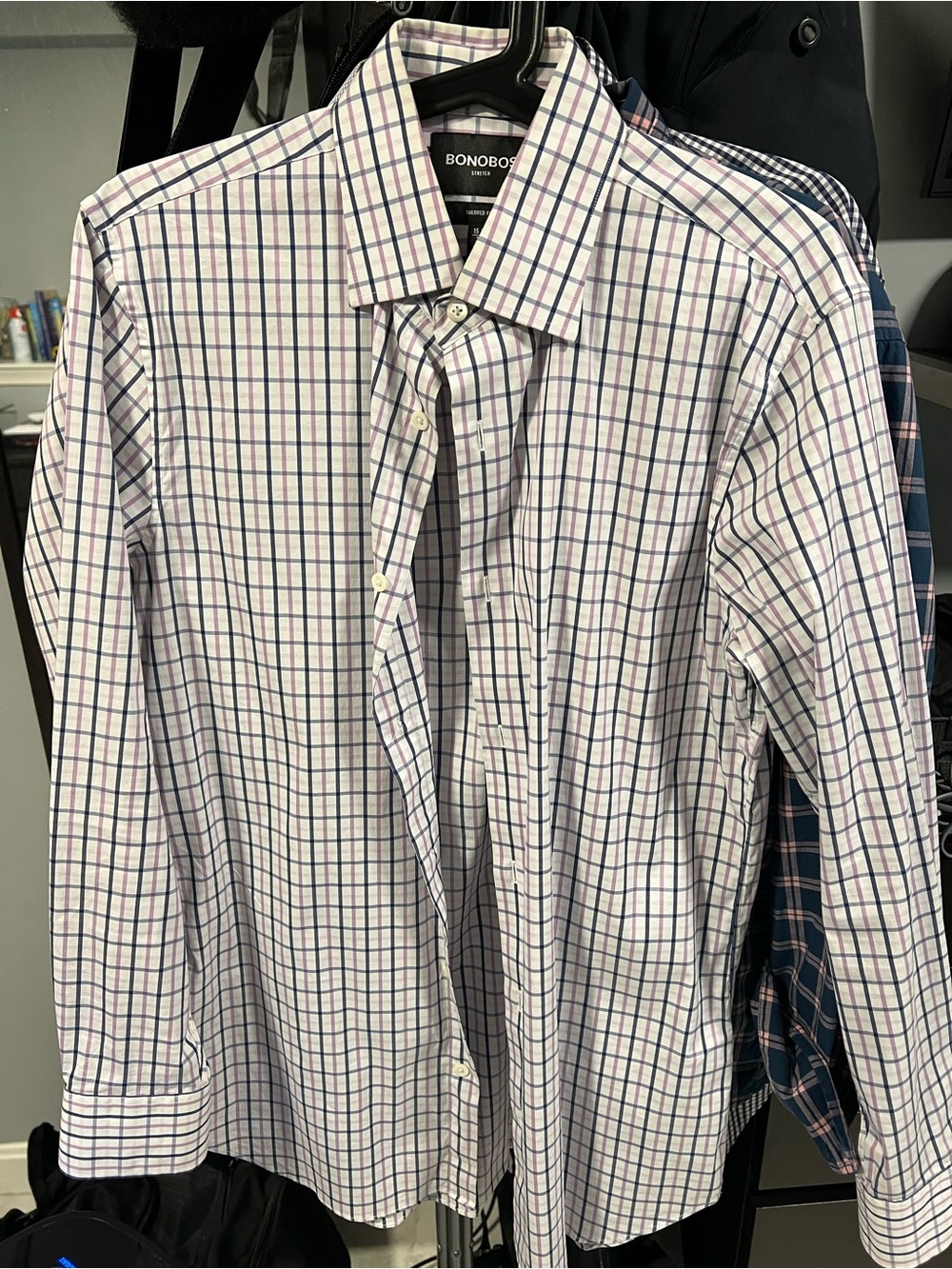 Bonobos White Dress Shirt with Blue and Pink Windowpane